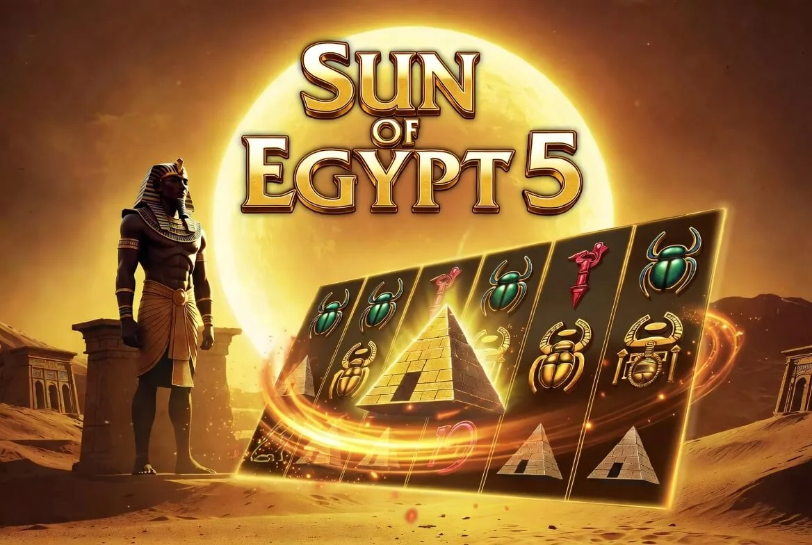 Логотип Sun of Egypt 5 — золотой диск над пирамидой, фирменный знак серии